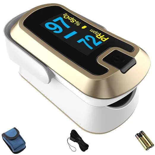 Pulse Oximeter Fingertip, Blood Oxygen Saturation Monitor (SpO2) with Rate Measurements and Waveform Graph, Portable Digital Reading OLED Display, Batteries and Carry Case Included
